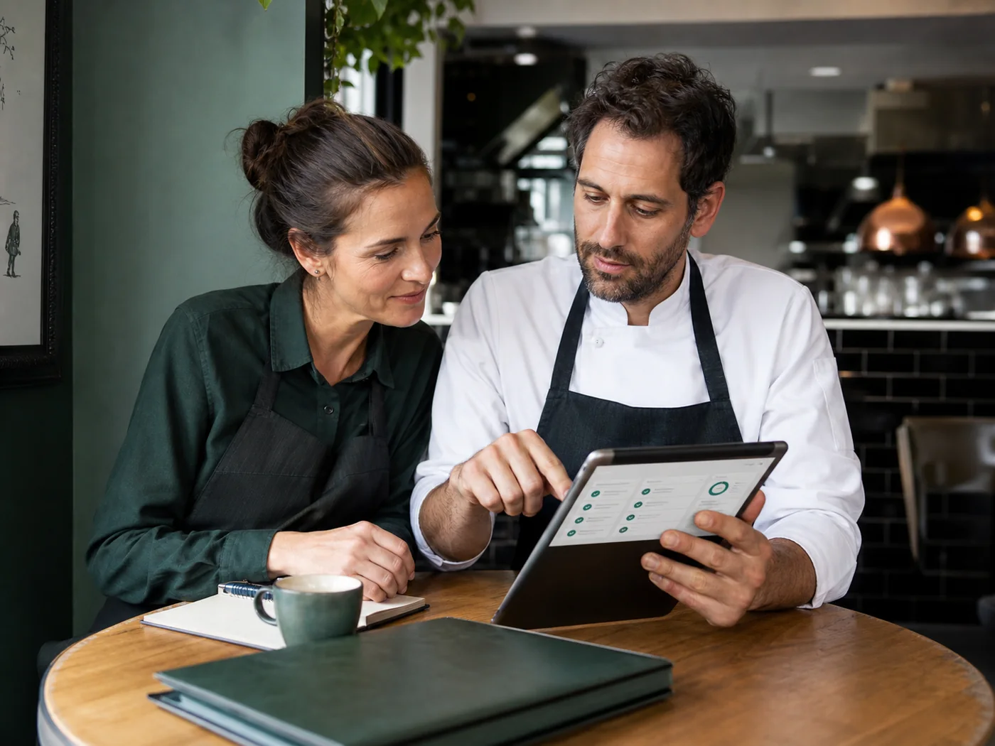 Restaurantteam prüft ein digitales Modul-Setup auf einem Tablet