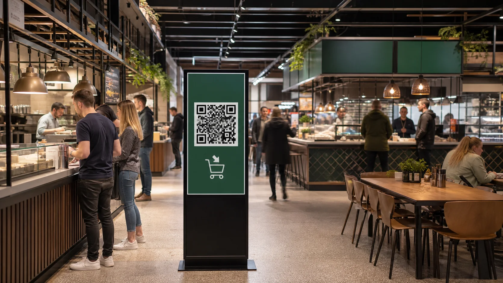 Foodcourt mit zentralem QR-Aufsteller und mehreren Ausgabestellen