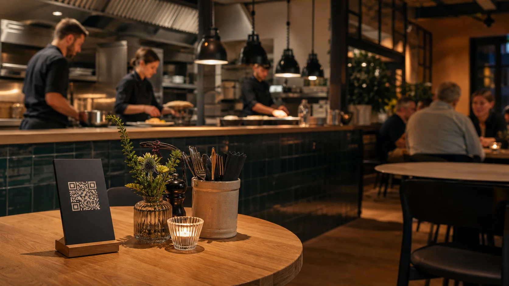 Restauranttisch mit QR-Aufsteller vor einer offenen Küche während des Abendbetriebs