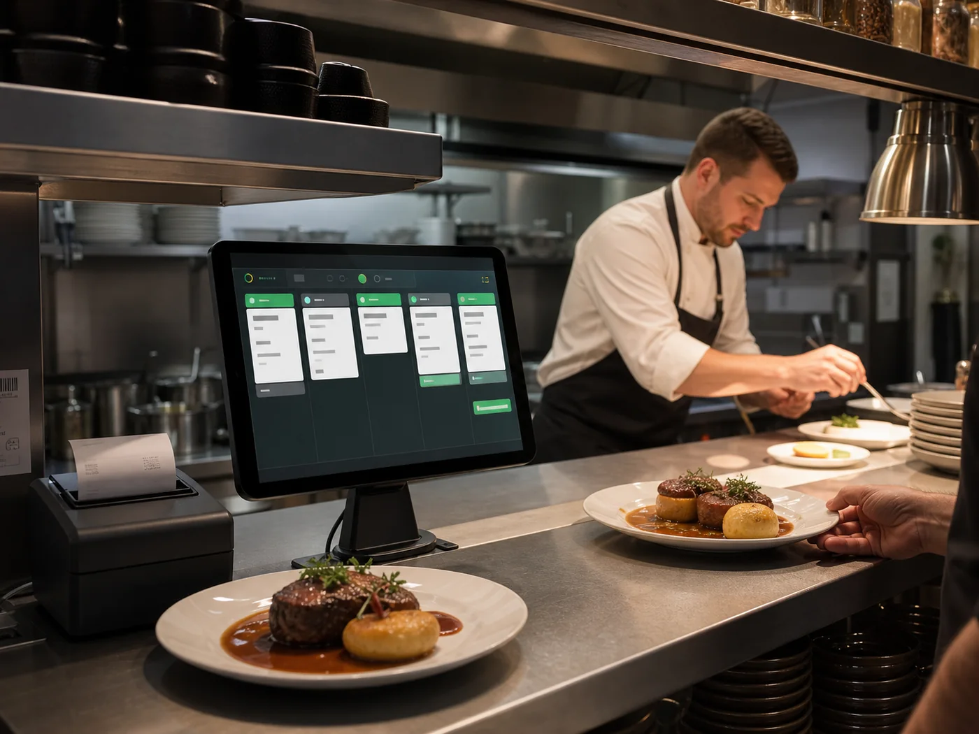 Küchenmonitor und Bondrucker an einem Restaurantpass