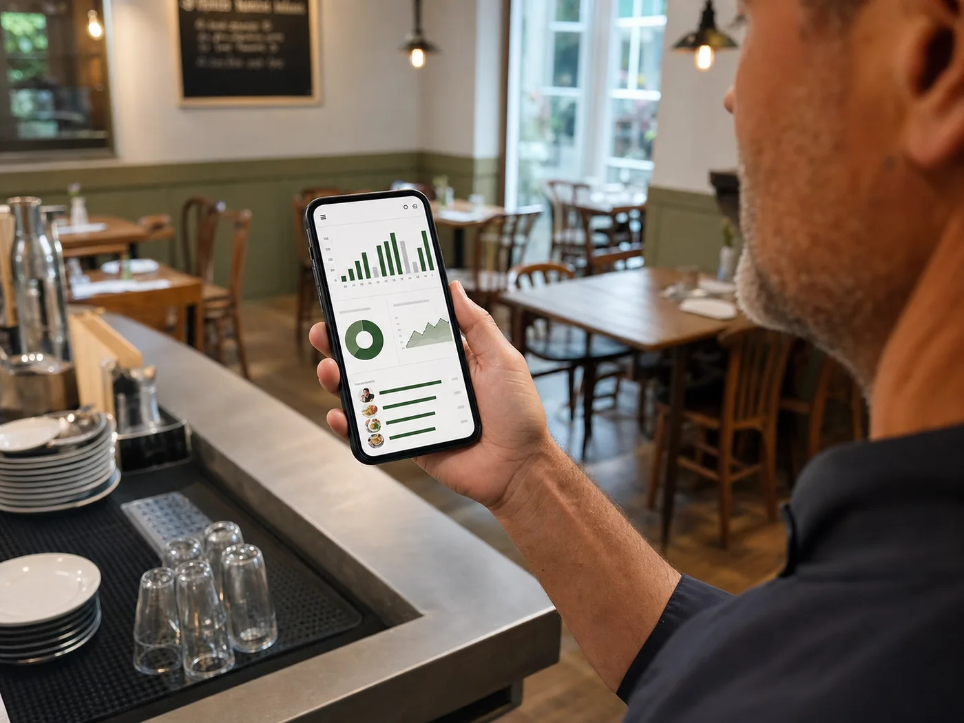 Restaurantmanager betrachtet ein abstraktes Berichtsdashboard auf einem Smartphone
