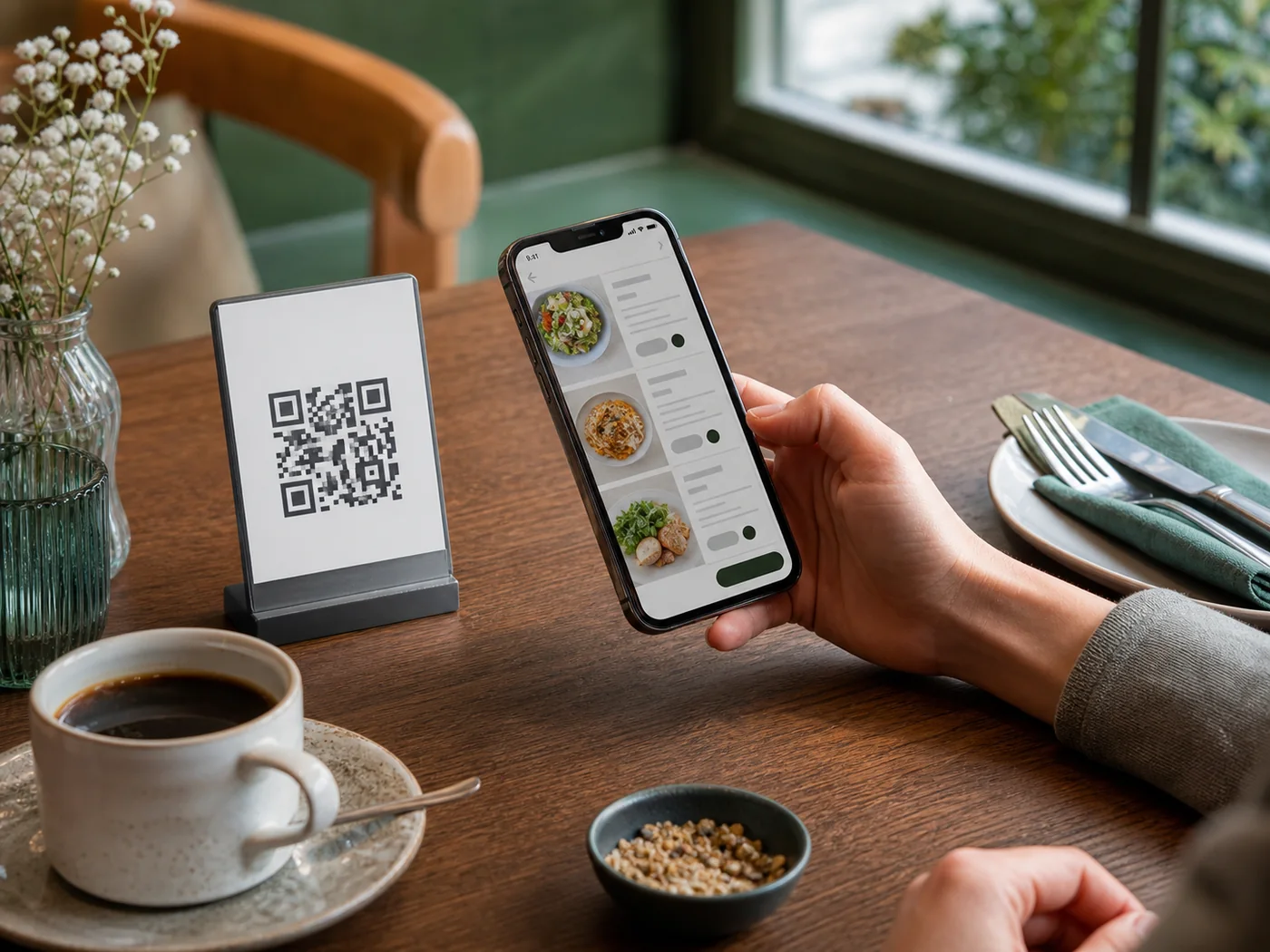 Gast scannt am Restauranttisch einen QR-Aufsteller und sieht eine digitale Bestellansicht